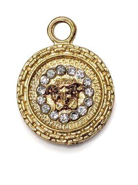 Versace Vintage Gold Medusa Head Coin Pendant Charm Rhinestone Greek Key Round